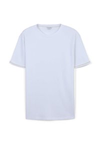 T-shirt bianco in cotone con collo rotondo e maniche corte, caratterizzato da un sottile bordo testurizzato lungo i bordi delle maniche e del collo.