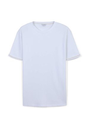T-shirt bianco in cotone con collo rotondo e maniche corte, caratterizzato da un sottile bordo testurizzato lungo i bordi delle maniche e del collo.