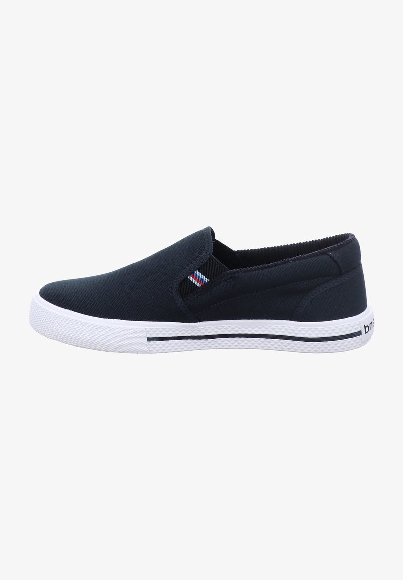 Navy canvas slip-on shoe with elastic goring, white rubber sole, textured detailing, and a small tricolor accent on the upper.