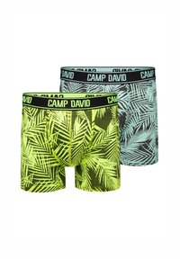 Two pairs of patterned boxer briefs featuring a neon green and black palm leaf design, with black elastic waistbands labeled "CAMP DAVID."