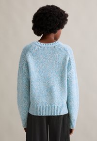 Jasnoniebieski sweter z dzianiny o teksturowym wykończeniu, z okrągłym dekoltem, ściągaczami przy rękawach oraz lekko skróconym hemem.