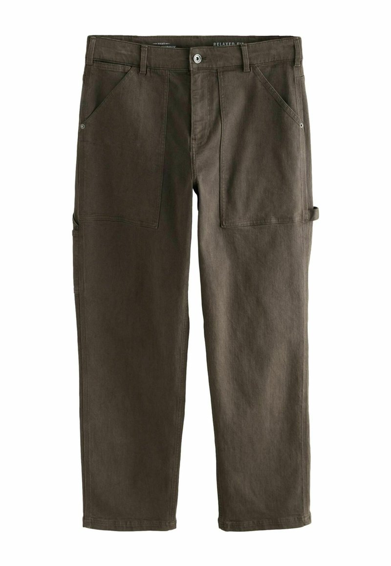 Lässige Cargo-Jeans im dunkelbraunen Denim mit mehreren Vorderseitentaschen, strapazierfähigen Nähten und einem Knopfverschluss an der Taille.