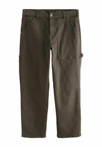 Pantalons cargo à coupe décontractée en denim brun foncé avec plusieurs poches avant, des coutures robustes et une fermeture à bouton à la taille.