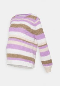 Sweter w paski w kolorach liliowym, białym i beżowym, wykonany z dzianiny, z zaokrąglonym dekoltem i długimi rękawami.