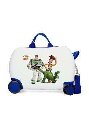 Maleta blanca para niños con asa y ruedas azules, con los personajes de Toy Story Buzz Lightyear, Woody y Rex.