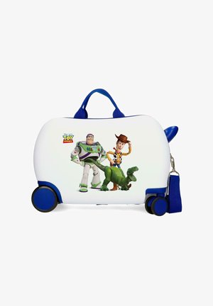 Maleta blanca para niños con asa y ruedas azules, con los personajes de Toy Story Buzz Lightyear, Woody y Rex.