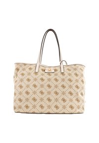 Borsa tote beige con una texture intrecciata, caratterizzata da un motivo dorato ripetitivo, doppi manici e un chiusura metallica sul davanti.