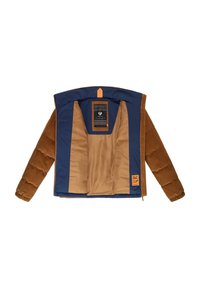 Bruine corduroyjas met marineblauwe voering, voorzien van gewatteerde mouwen, oranje accenten en een patroon op het binnenlabel. Ritssluiting.