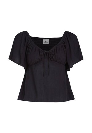 Top nero a maniche corte con scollatura quadrata, dettagli arricciati e legatura frontale. Realizzato in tessuto leggero con una finitura testurizzata.