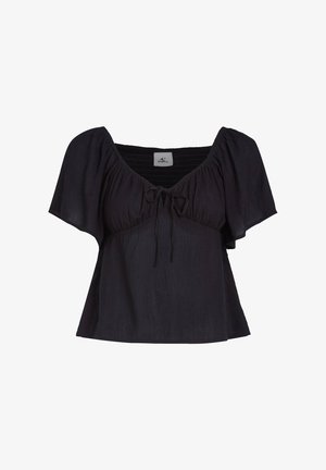 Black short-sleeve top with a square neckline, gathered detailing, and a front tie. Made of lightweight fabric with a textured finish.