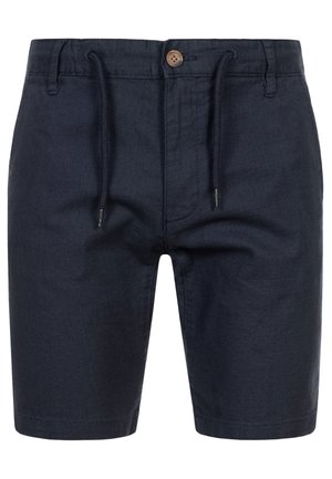 Marineblauwe shorts van lichtgewicht stof, met een elastische tailleband en een enkele knoopsluiting aan de voorkant. Glad textuur, knielange ontwerp.