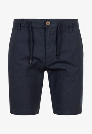 Marineblaue Shorts aus leichtem Stoff, mit einem Kordelzugbund und einer einzelnen Knopfverschlüsse vorne. Glatte Textur, knie-lange Passform.