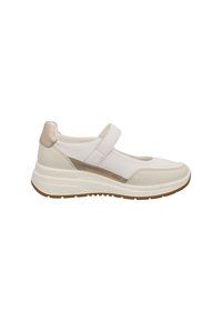White and beige Mary Jane sneaker with Velcro strap, cushioned sole, and rubber outsole designed for casual wear.