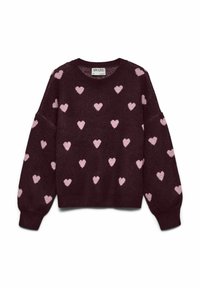 Pull bordeaux avec motifs de cœurs roses, col rond et coupe décontractée. Tissu texturé et manches tombantes ajoutent un détail distinct.