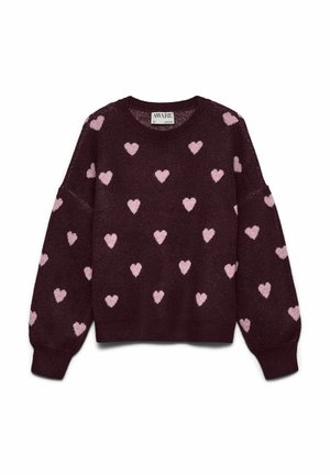 Bordeauxrød trøje med lyserøde hjerteprint, rund halsudskæring og afslappet pasform. Tekstureret stof og ærmer med sænket skulder tilføjer et markant detalje.