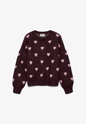 Bordeauxrød trøje med lyserøde hjerteprint, rund halsudskæring og afslappet pasform. Tekstureret stof og ærmer med sænket skulder tilføjer et markant detalje.