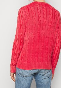 Pullover color corallo brillante lavorato a maglia con un motivo a trecce testurizzato, polsini e orlo a costine. La vista posteriore mostra una vestibilità rilassata e un collo arrotondato.