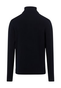 Ciemnogranatowy sweter, wysoki kołnierz, długie rękawy, ściągacz na dole i mankietach, gładka faktura, minimalistyczny design, bez widocznych wzorów ani akcentów.