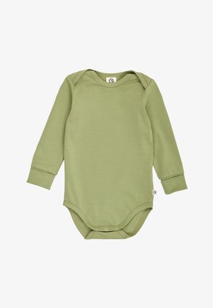 Dětské body s dlouhým rukávem v olivově zelené barvě, s kopírovacím výstřihem a zapínáním na druky dole.