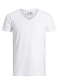 White short-sleeve V-neck T-shirt made of cotton. Features a simple design with minimal stitching and the brand name printed inside the neckline.