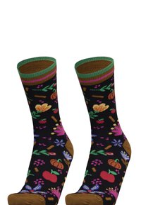 Schwarze Baumwollsocken mit bunten floral- und pflanzenartigen Mustern, ausgestattet mit einem braunen Fußbett und einem grünen gestreiften Bund oben.