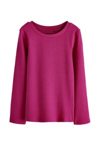 Haut à manches longues en tricot côtelé de couleur rose vif, avec un col rond et une texture douce. Finition soignée avec des manches à coupe droite.