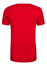 Red cotton t-shirt with short sleeves, crew neck, and a straight hem. Smooth texture, solid color, no patterns or embellishments.
