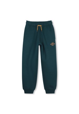 Donkergroene joggingbroek met elastische tailleband, gele trekkoord, geribde boorden en klein bruin logo op het bovenste linkerbeen.