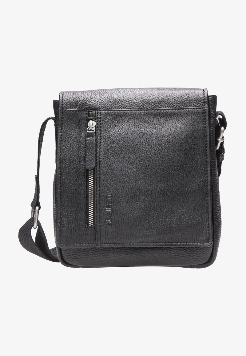 Black leather crossbody bag with a textured finish, silver zipper detail, adjustable strap, and embossed logo on the front.