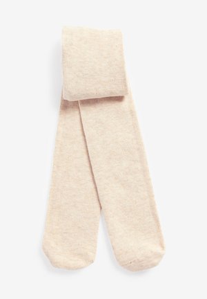 Helle beige Baumwollstrumpfhosen, weiche Textur, Rippendesign, mit umgeschlagenem Bund. Der Stoff wirkt leicht strukturiert mit einem subtilen Glanz.
