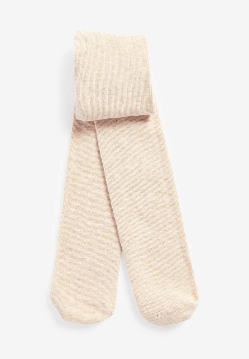 Collant in cotone beige chiaro, texture morbida, design a coste, con parte superiore ripiegata. Il tessuto appare leggermente texture con una sottile lucentezza.