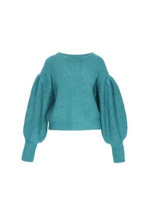 Mėlynojo žalią spalvą turintis mezgimas megztinis su tekstūruotu kūnu, plačiomis pūstomis rankovėmis ir apvaliu kaklu, pasižymintis sutrumpinta išvaizda.