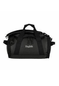 Borsa duffel nera realizzata in materiale resistente, dotata di due manici per il trasporto, una tracolla e una chiusura a zip. Logo del marchio visibile.