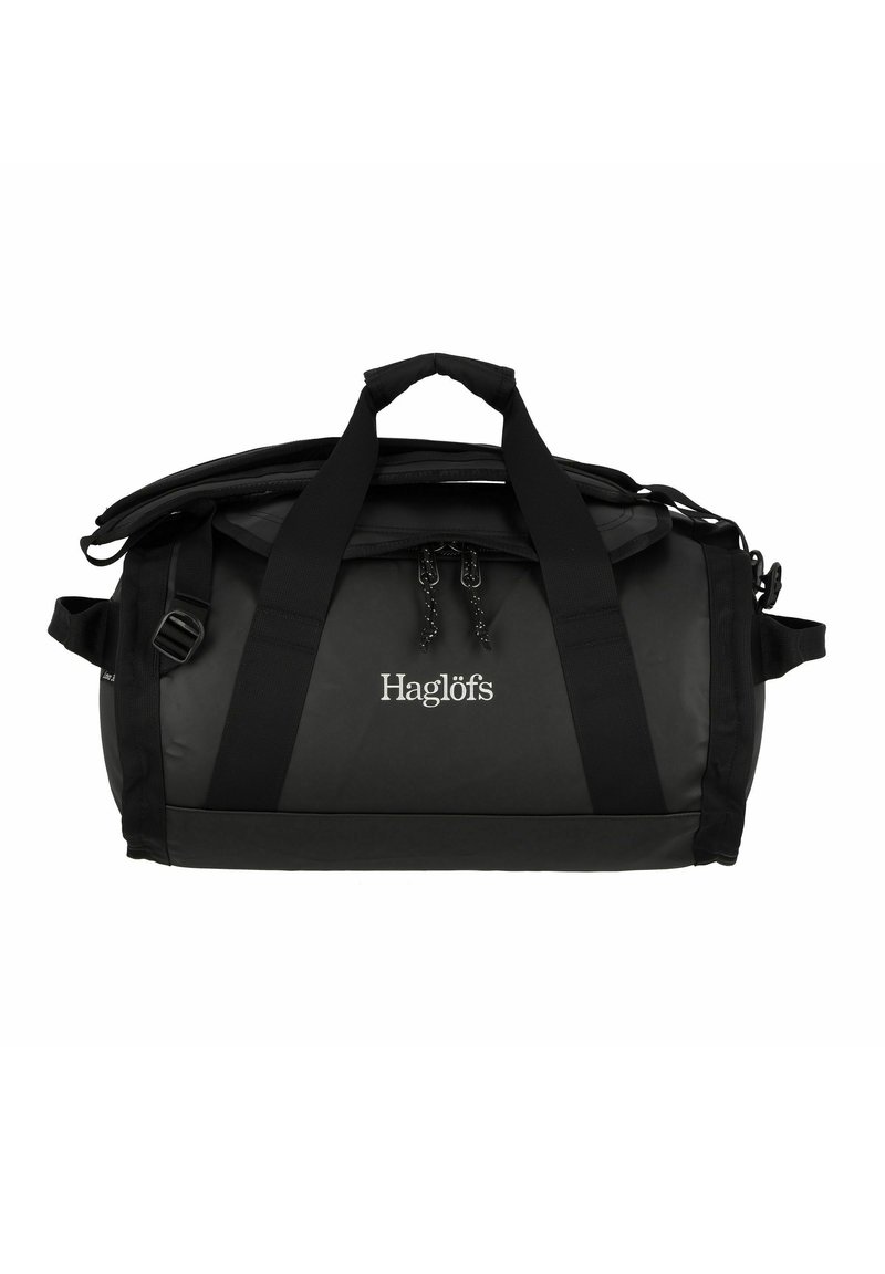 Borsa duffel nera realizzata in materiale resistente, dotata di due manici per il trasporto, una tracolla e una chiusura a zip. Logo del marchio visibile.