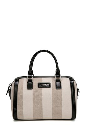 Beige en wit gestreepte handtas met zwarte leren handgrepen, randen en een metalen plaatje aan de voorkant met het opschrift "DIANA&CO FIRENZE".
