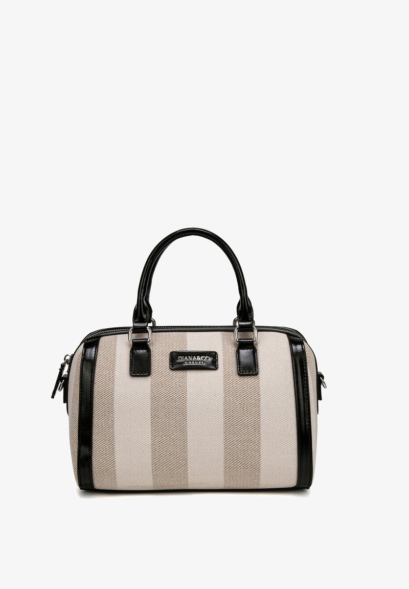 Sac à main à rayures beige et blanches, à porter à la main, avec des poignées en cuir noir, des bords noirs et une plaque métallique frontale portant le logo "DIANA&CO FIRENZE".