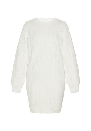 Witte kabelgebreide sweaterjurk met lange mouwen en geribbelde boorden en zoom, getoond op een plain witte achtergrond.