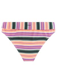 Multicolor gestreepte bikinibroek met horizontale banden in paars, perzik, groen, zwart en wit, met een textuurstof.