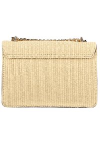 Rektangulær beige vævet clutch med klaplukning og kort guldkædestrap på hvid baggrund.