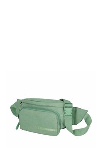 Groene stoffen heuptas met een gestructureerd oppervlak, ritscompartimenten en een verstelbare band. Kenmerkt een logo en modern design.