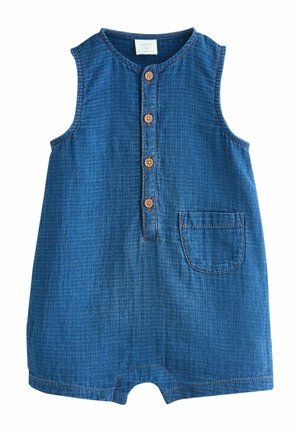 Sleeveless blue denim baby romper with round neck, three front wooden buttons, and a single small pocket on the right side.