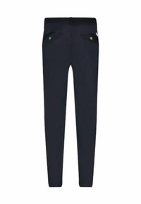 Pantaloni blu navy slim fit, con due tasche posteriori decorate con bottoni dorati e un tessuto liscio in tutto il capo.