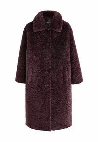 Lila plyschrock med krage, framknäppning och sidofickor. Texturerad tyg med en mjuk, fluffy yta. Mellanlång design.