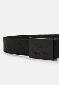 Black woven belt with a rectangular black metal buckle, featuring an embossed logo. The texture is smooth, with a firm and durable design.
