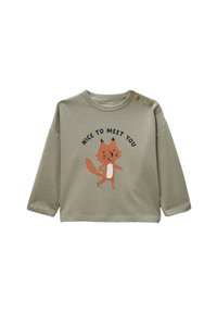 Chemise kaki à manches longues en coton, ornée d'un graphique orange ludique représentant un renard et du texte "RAVI DE VOUS RENCONTRER." Fermeture à deux boutons aux épaules.