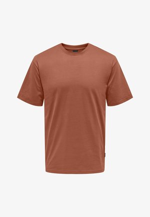 Kurzärmliges T-Shirt mit Rundhalsausschnitt in Rostfarbe und schlichtem Design, auf weißem Hintergrund dargestellt.