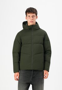 Puffer jacket in dark green, featuring a hood, front zipper, and quilted design. Fabric appears smooth with a matte finish and no visible accents.