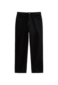 Pantaloni in denim nero con vestibilità dritta, dotati di chiusura con bottone, passanti per cintura e cinque tasche. Texture liscia con dettagli minimi.