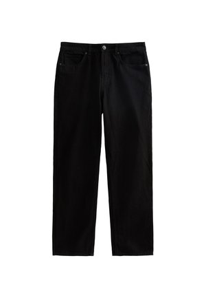 Zwarte denim trousers met een rechte pasvorm, voorzien van een knoopsluiting, riembelijden en vijf zakken. Glad oppervlak met minimale details.