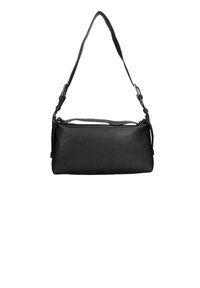 Sac en cuir noir avec une forme rectangulaire allongée, une surface texturée et une bandoulière ajustable. Dispose d'une fermeture éclair sur le dessus et d'accents en métal.